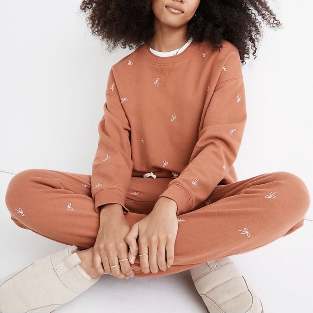 Madewell Warm UMBER BOW EMBROIDERED DOUBLE Crewneck Sweatshirt